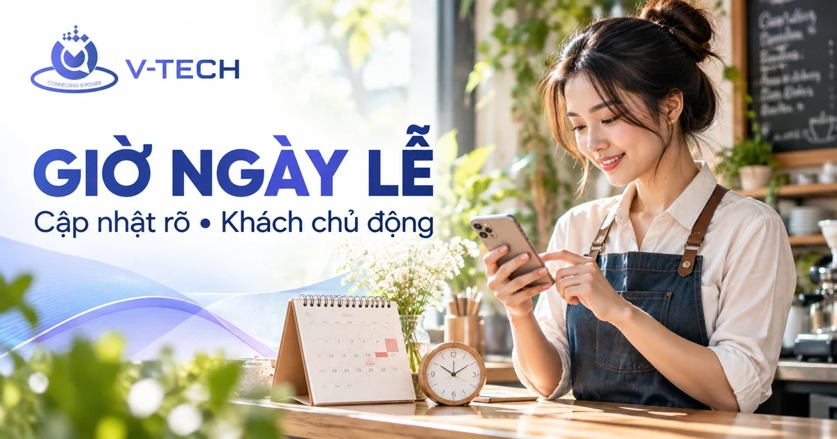 Minh họa chủ quán rà lịch ngày lễ trên điện thoại cùng lịch bàn, logo V-Tech