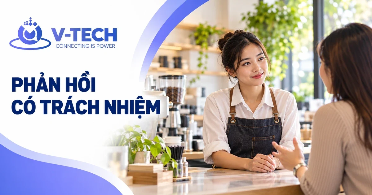 Minh họa V-Tech về người quản lý quán lắng nghe góp ý từ khách hàng