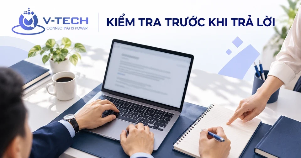Minh họa hai nhân sự kiểm tra bản soạn trả lời cùng ghi chép trước khi đăng công khai