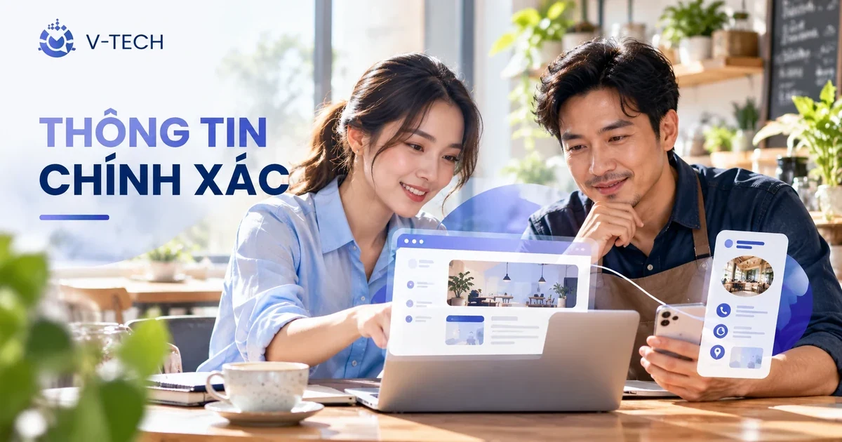 Minh họa doanh nghiệp đối chiếu thông tin hồ sơ và website trên thiết bị, nhận diện V-Tech