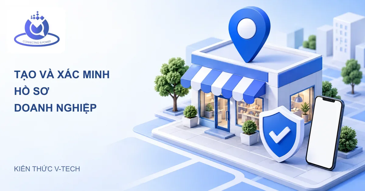 Minh họa cửa hàng, ghim vị trí và xác minh Hồ sơ doanh nghiệp với nhận diện V-Tech