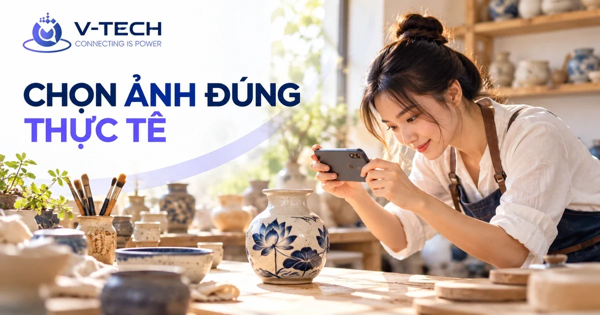 Minh họa V-Tech về chủ xưởng gốm chụp sản phẩm để chuẩn bị ảnh doanh nghiệp