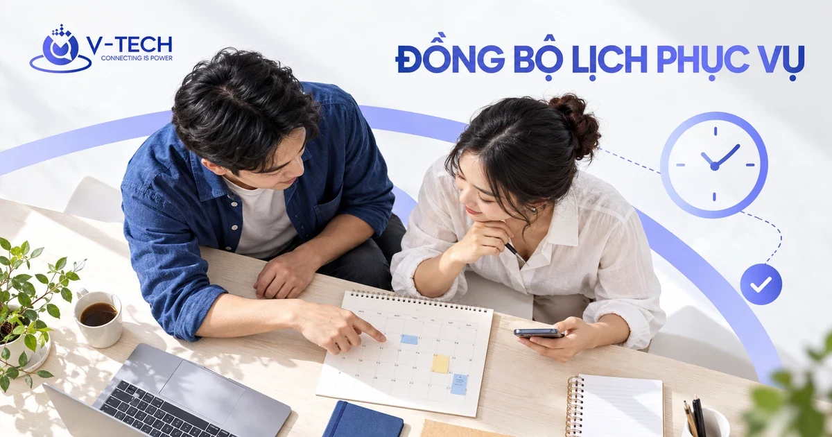 Minh họa hai người phụ trách đối chiếu lịch phục vụ và điện thoại, nhận diện V-Tech