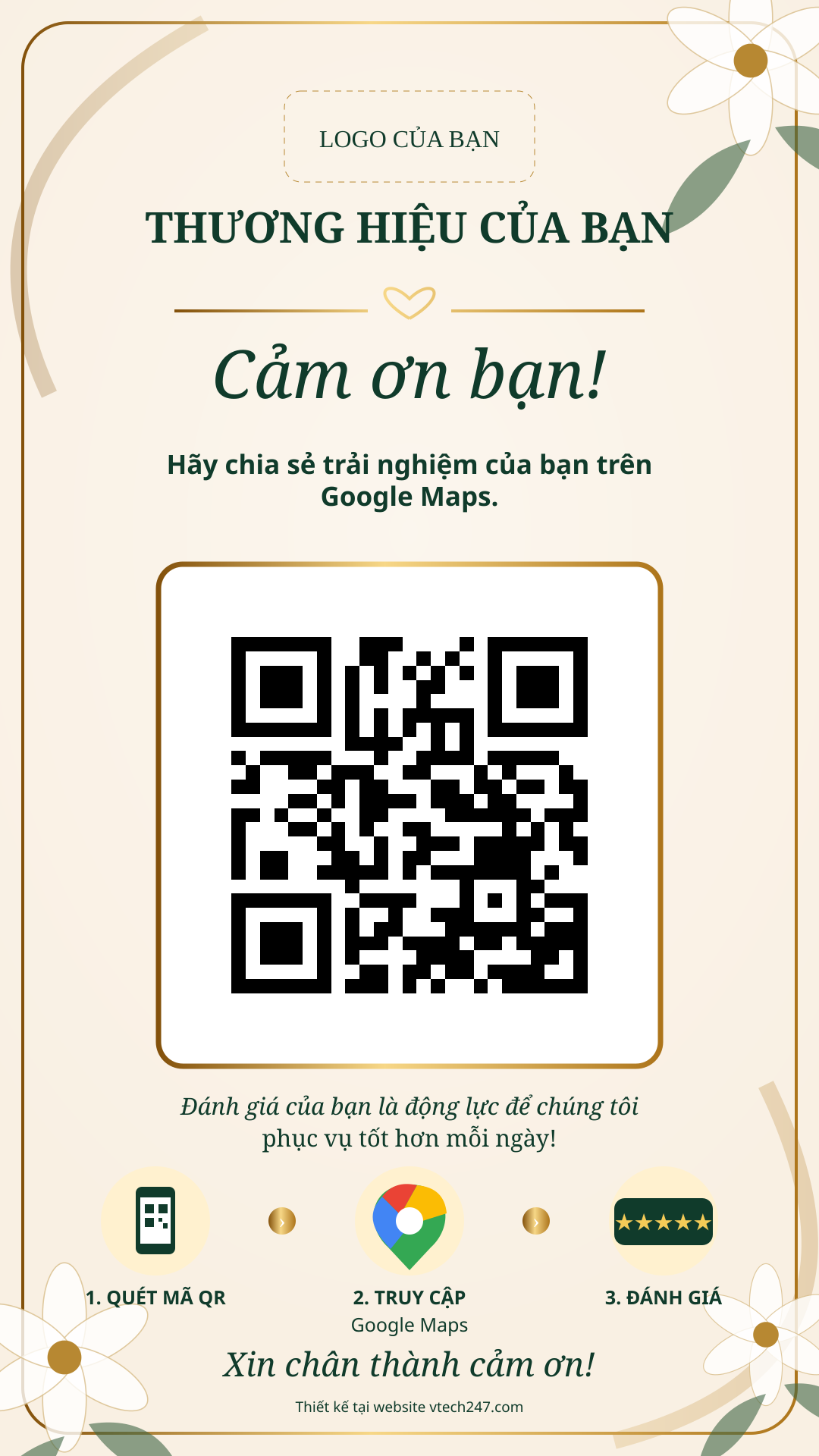 Poster QR 9:16 với vị trí logo, câu mời và khung QR