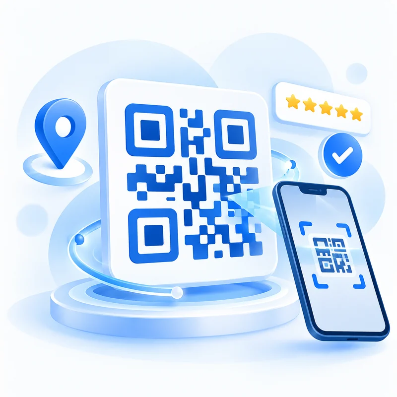 Tạo QR & poster: mã QR xanh và điện thoại quét mã